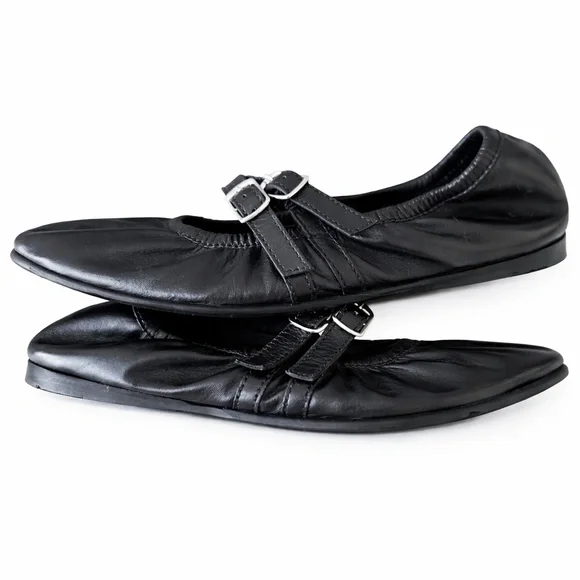 Free People Black Leather Double Strap Ballet Flats Size 9 Square Toe Mary Jane - Picture 6 of 8